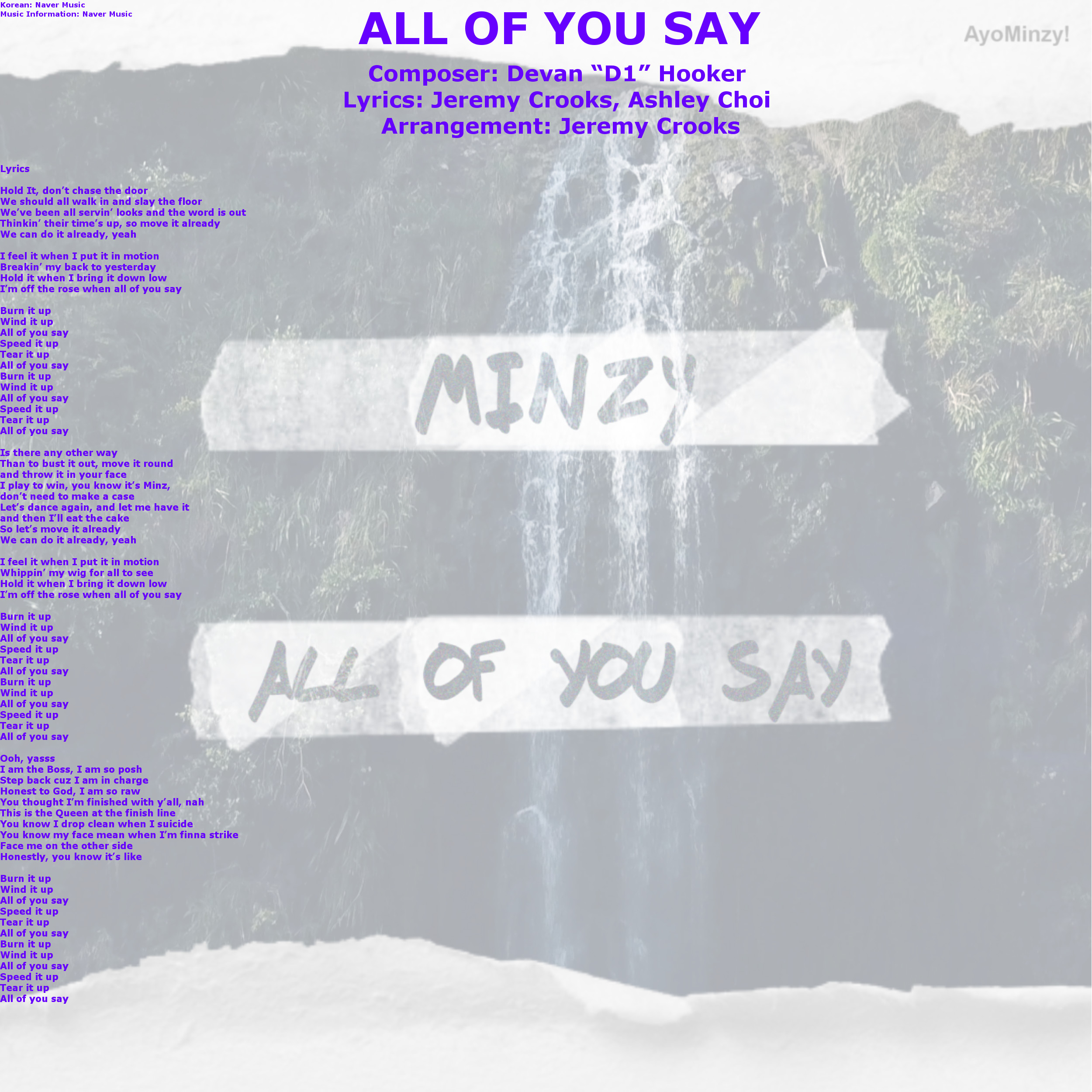 General Information Lyrics For All Of You Say Ayo Minzy